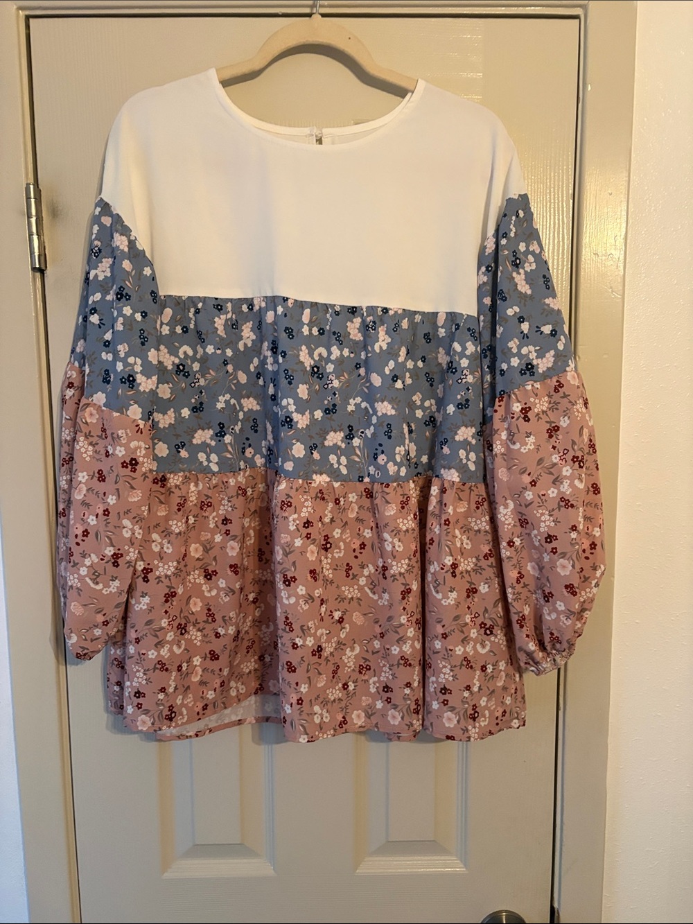 Tiered Floral Peasant Blouse - White, Blue & Pink